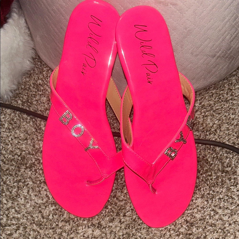 Wild Pair Neon Pink Sandals with Rhinestone Accents comes with box